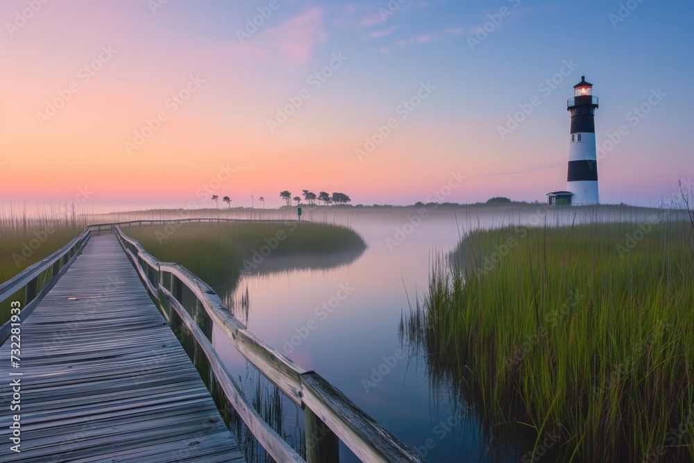 Early morning mist surrounding the Bodie Island Lighthouse at dawn