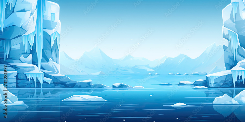 Video game background, Winter ice frost artic level of scrolling platform, retro vintage gaming backdrop illustration, computer graphics, generated ai