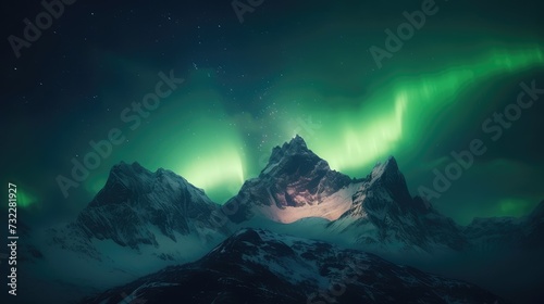 Snowy mountains with aurora lights. Generative AI