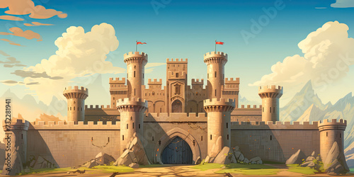 Cartoon castle, video game castles level scrolling platform, retro vintage gaming backdrop illustration, computer graphics, generated ai