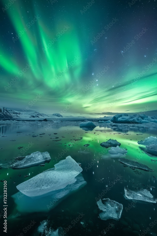Northern Lights illuminating icebergs