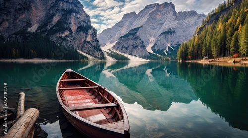 Stunning romantic place with typical wooden boats on the alpine lake  Lago di Braies  Braies lake Dolomites South Tyrol Italy Europe Generative Ai