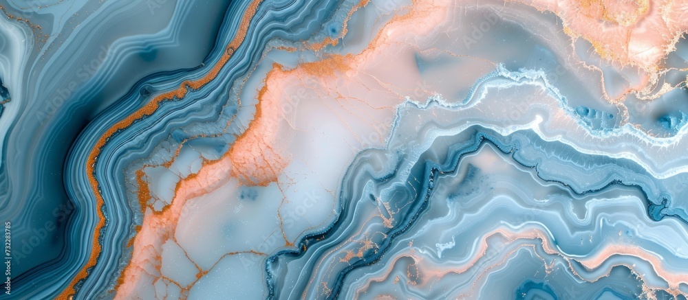 A close up of a texture resembling a geological phenomenon with waves and streams, combining electric blue and orange colors reminiscent of azure water and liquid rock patterns.