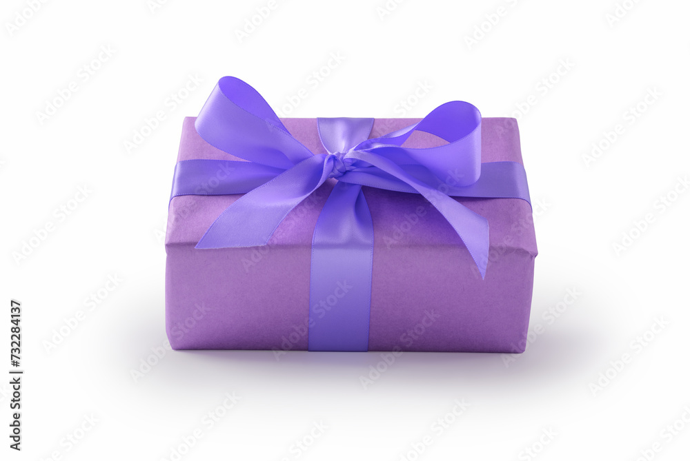 Purple paper present box with ribbon bow isolated on white background Purple paper present box with ribbon bow isolated on white background