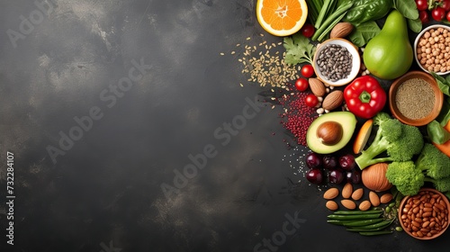 Healthy food clean eating selection: fruit, vegetable, seeds, superfood, cereal, leaf vegetable on gray concrete background. copy space for text.