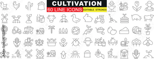 Cultivation, farming, gardening icons set. Vector line symbols of agriculture equipment, organic plants, animals, weather conditions, farm structures © Arafat