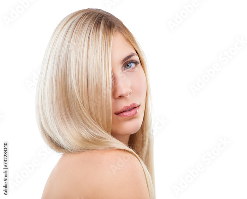 Hair care, beauty and portrait of serious woman in makeup isolated on a white studio background. Face, hairstyle and blonde model in cosmetics, hairdresser or salon treatment for care on mockup space