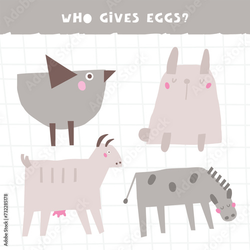 Learn farm animals game for kids. Cute hand drawn doodle funny village, ranch, rural puzzle with hen, rabbit, goat, donkey. Educational worksheet, mind task, riddle, strategy quiz, mental teaser, chal