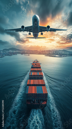 Aerial view and top view cargo plane flying above ship port in the export and import logistics international goods.