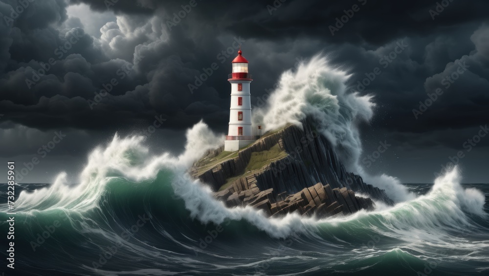 Fototapeta premium Stormy seascape crashing waves, lighthouse, dark clouds.