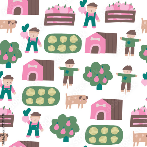 Cute farm, village, countryside theme seamless pattern. Funny hand drawn doodle repeatable pattern with scarecrow, garden bed, farmer, dog. Rural life background with farm animals