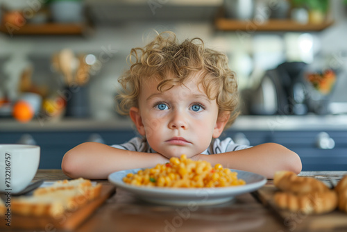 Cute little boy refusing to food at table healthy eating habits concept
