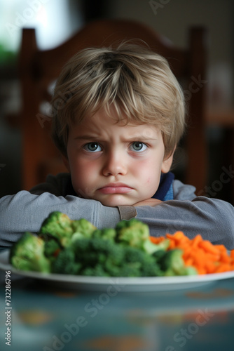 Cute little boy refusing to eat vegetables salad at table healthy eating habits concept