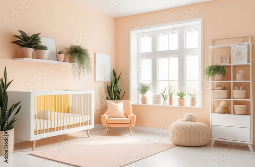 modern styled nursery in beige and peach colors
