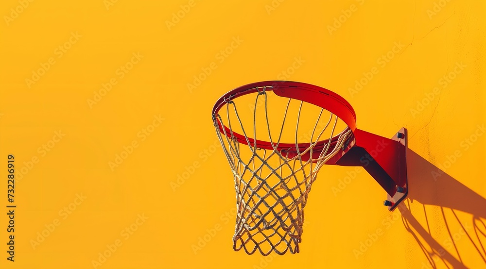 Basketball hoop on yellow background. Top view. Copy space.