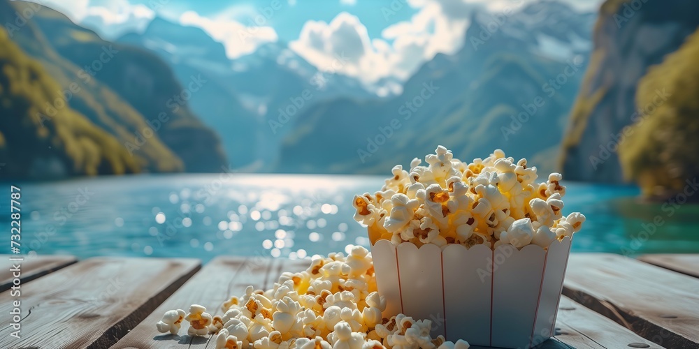 Popcorn in a cup on the background of the mountain landscape.