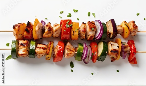 Tasty grilled chicken skewer with vegetables on wooden sticks isolated on white background, top view generative ai