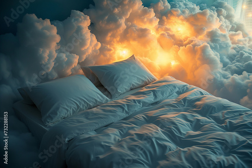 A comfortable cozy bed surrounded by fluffy clouds. perfect relaxing bedtime photo