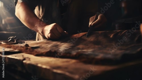 A leatherworker pounding a leather hide with a mallet to soften it. photo