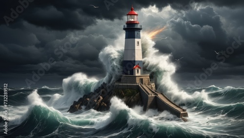 Stormy seascape crashing waves, lighthouse, dark clouds.