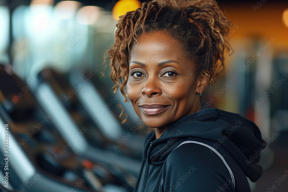 Naklejka premium A middle-aged woman smiles while exercising in a gym surrounded by a row of treadmills