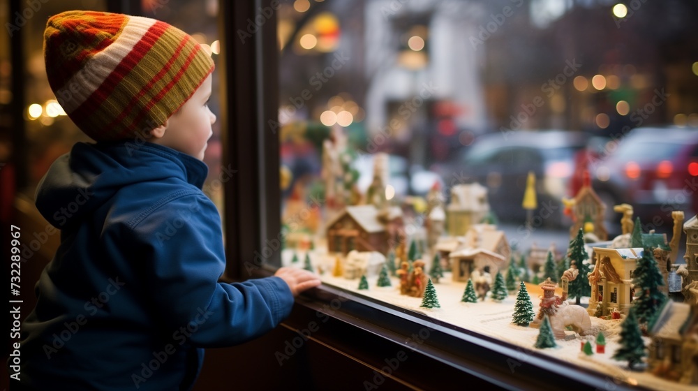 Child in a striped beanie, captivated by a festive Christmas village display in a toy store window, under the warm glow of holiday lights.