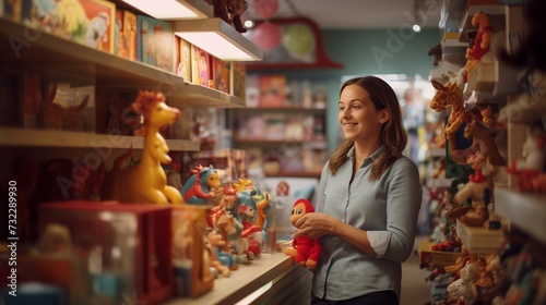 Content saleswoman organizing plush toys in a toy store, wearing a professional light blue shirt, with a variety of colorful toys in the background.