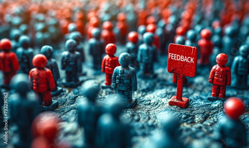 Individual holding a FEEDBACK sign stands out in a crowd of 3D figures, symbolizing the importance of feedback in a community or organization photo