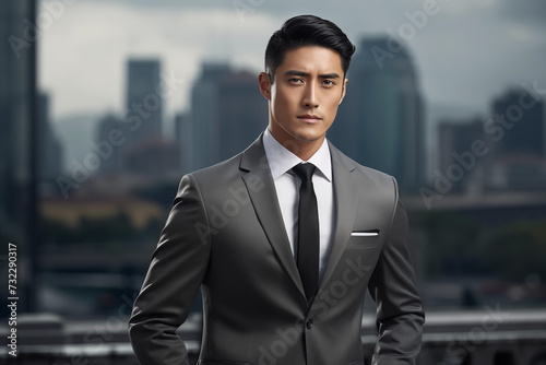 Asian man in grey suit posing for picture, left side of the composition, city background. Generative ai. A002