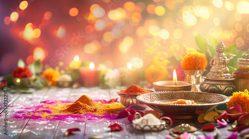 Colorful Indian festive and festival decorations and accessories. Holiday concept, Holi, New Year, Gudi Padwa, Diwali. Illustration for design, print, advertising, banner with empty space for text