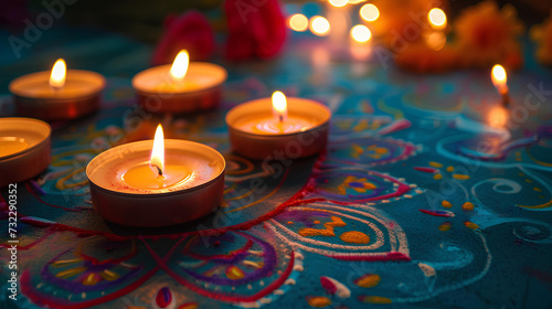 Burning diya candles on a colorful rangoli. Traditional, cultural, festive style. Festival of lights, religious holidays, Indian traditions concept. Ideal for design, banner with copy space for text