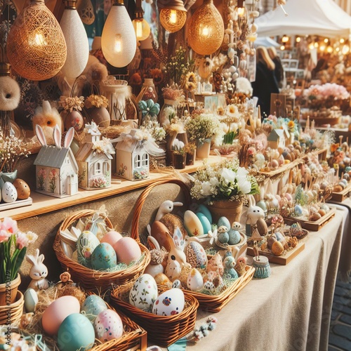 Close-up of a quaint Easter market bustling with vendors selling handcrafted decorations, artisanal treats, and springtime flowers Charming and bustling Perfect for Easter market scenes 