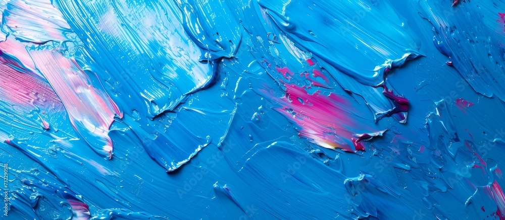 A detailed portrayal of an azure and pink artwork on canvas, depicting a fluid pattern inspired by marine biology, rendered with electric blue, and fluid strokes.