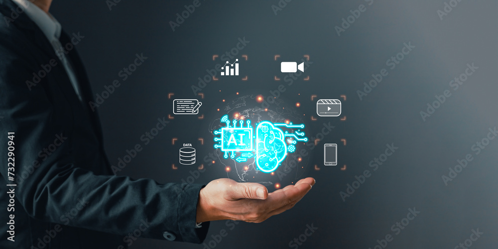 service generate content by AI concept. Man hold icon AI, Marketer education, research, analyze media video streaming content creation and online marketing strategy to grow digital business. service generate content by AI concept. Man hold icon AI, Marketer education, research, analyze media video streaming content creation and online marketing strategy to grow digital business.