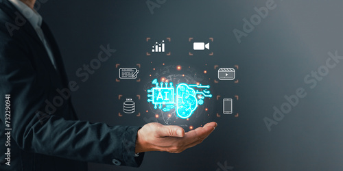 service generate content by AI concept. Man hold icon AI, Marketer education, research, analyze media video streaming content creation and online marketing strategy to grow digital business.