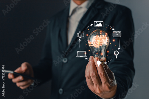 service generate content by AI concept. Man hold lightbulb icon AI, Marketer education, research, analyze media video streaming content creation and online marketing strategy to grow digital business.