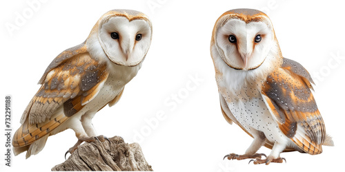 Barn Owls Set Isolated on Transparent or White Background, PNG