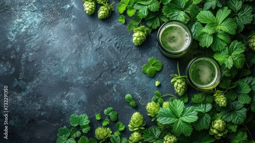  two glasses of green beer surrounded by hops and green leaves on a dark stone table top view from above, with space for text on a dark background with copy space. © Frederik