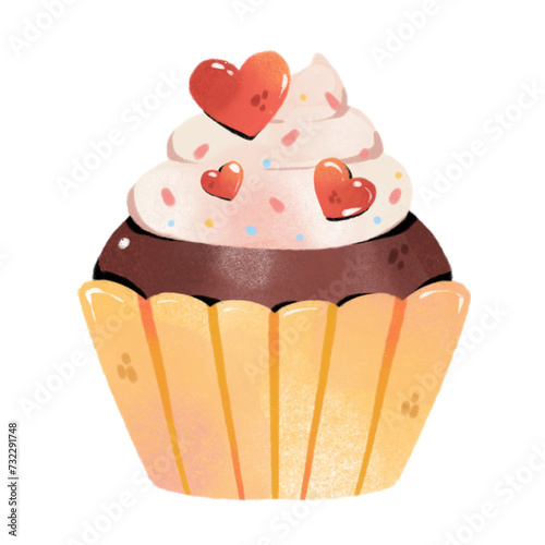 watercolor chocolate cupcake with cream and heart-shaped sprinkles in Valentine's theme Clipart or PNG
