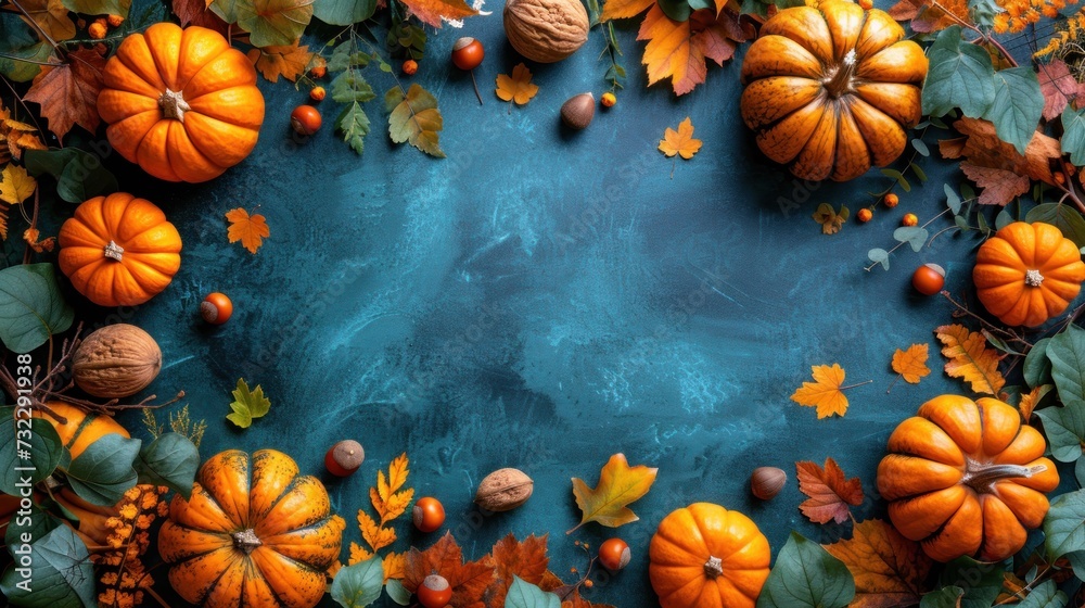 an overhead view of pumpkins, leaves, and acorns arranged in a circle on a blue background with space for a copy of a copy of text. an overhead view of pumpkins, leaves, and acorns arranged in a circle on a blue background with space for a copy of a copy of text.