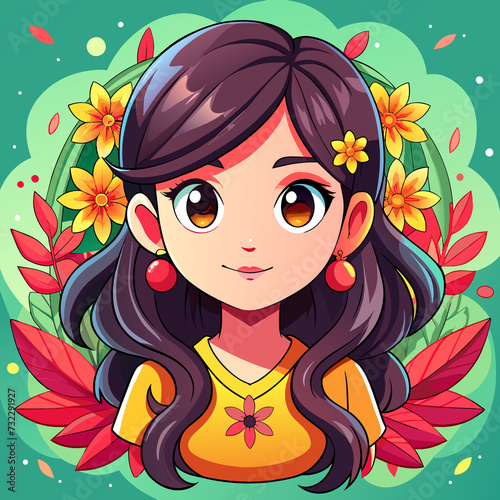 Cute kawaii chibi girl surrounded by floral elements, Generative AI photo