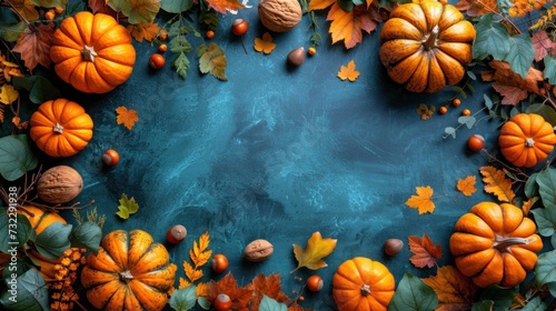  an overhead view of pumpkins, leaves, and acorns arranged in a circle on a blue background with space for a copy of a copy of text. © Frederik