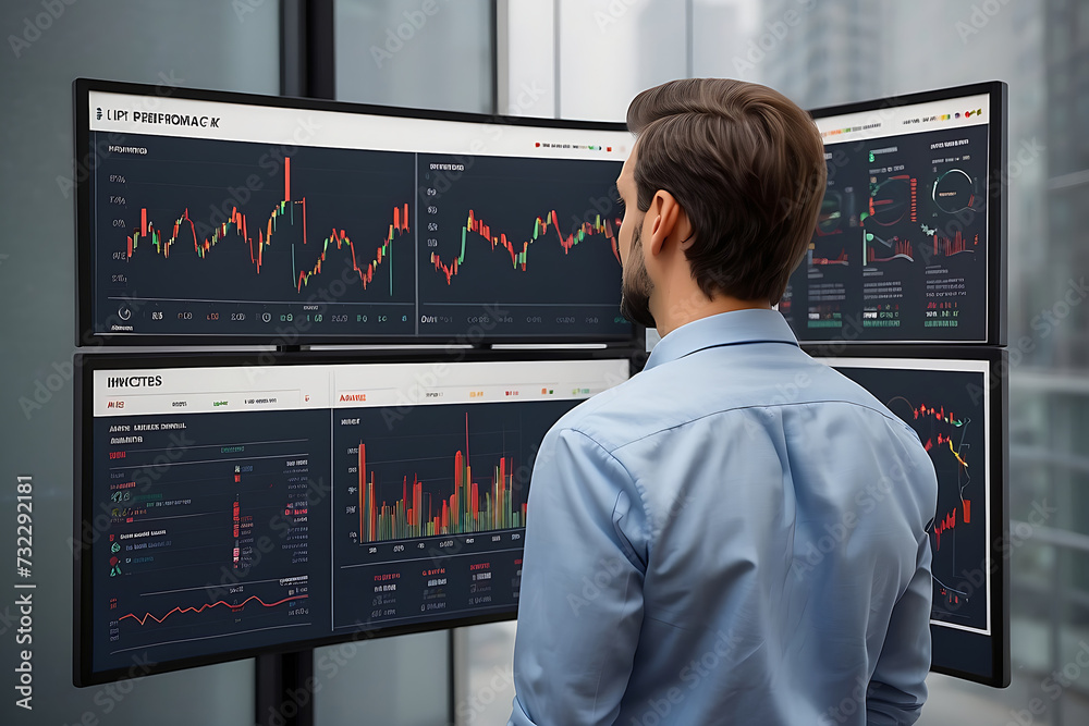 Back side of a businessman in front of a professional key performance indicator KPI metrics dashboard Back side of a businessman in front of a professional key performance indicator KPI metrics dashboard