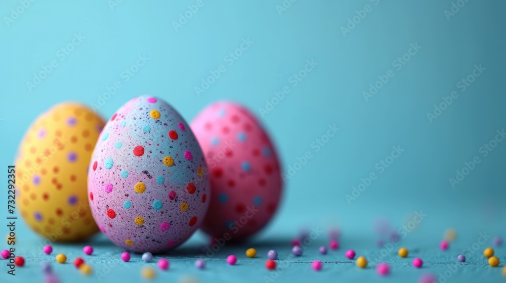  three easter eggs with sprinkles are on a blue surface with a blue background and pink, yellow, pink, and blue eggs with yellow speckles.