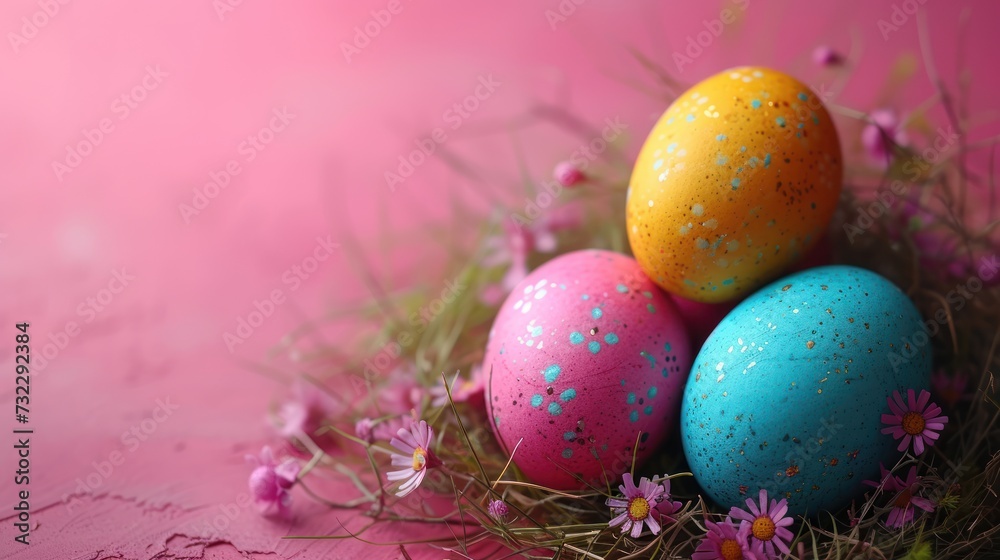 a group of three eggs sitting on top of a pile of grass next to a purple and white flower covered field with pink and yellow speckles on a pink background. a group of three eggs sitting on top of a pile of grass next to a purple and white flower covered field with pink and yellow speckles on a pink background.