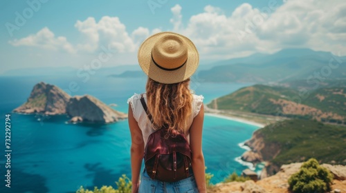 A young woman stands with her back and admires the view of the sea and mountains. A traveler traveling on vacation in the most beautiful place in the world. Summer vacation © Vladimir