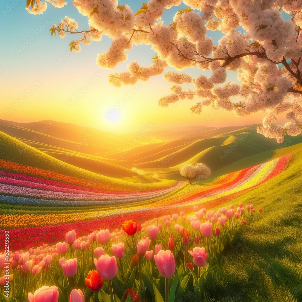 Close-up of a picturesque Easter sunrise illuminating rolling hills dotted with blossoming cherry trees and vibrant tulip fields Serene and breathtaking Ideal for creating a tranquil Easter landscape 