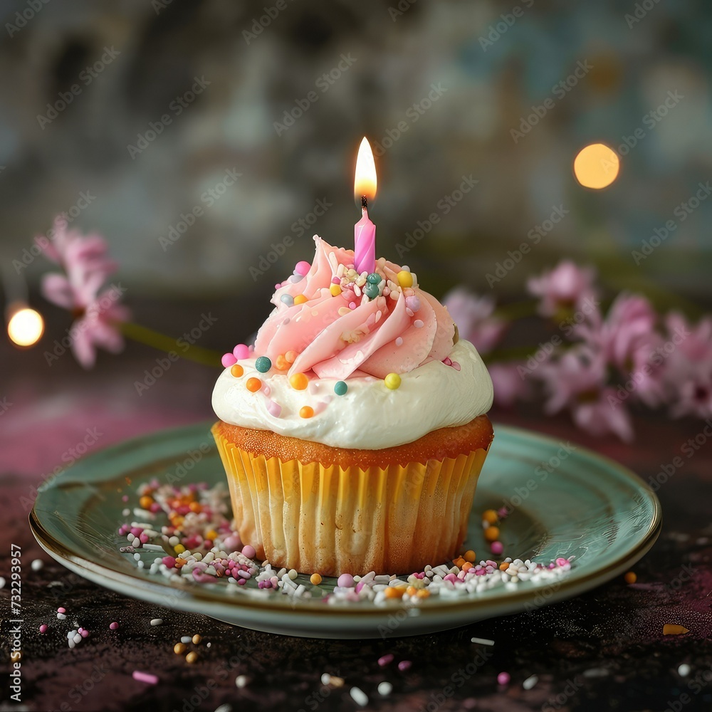 Birthday Cupcake With One Candle  and Pink Decoration.