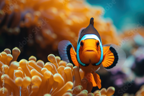 bright orange clownfish nestled within the tentacles of a sea anemone, showcasing a symbiotic marine life relationship.