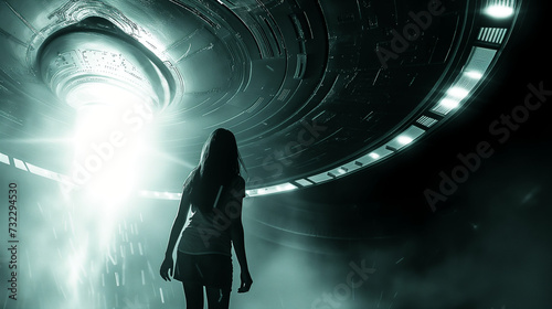 From a low angle, a woman gazes upward at a bright light beam emanating from the massive flying saucer above her